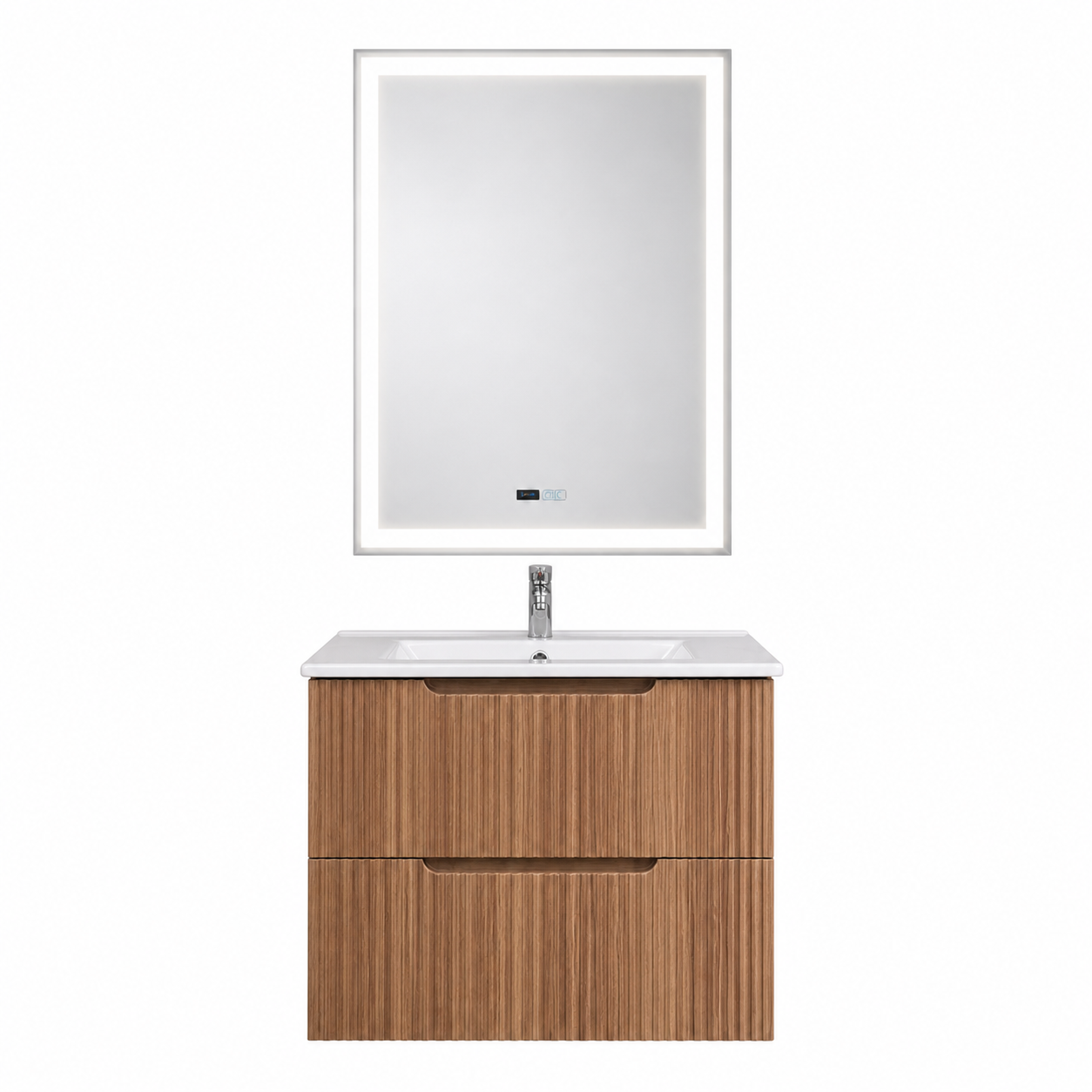 Set mobilier baie suspendat 60 cm Faggio Riflat cu dulap, lavoar ceramic și oglindă LED pentru baie modernă