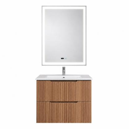 Set mobilier baie suspendat 60 cm Faggio Riflat cu dulap, lavoar ceramic și oglindă LED pentru baie modernă