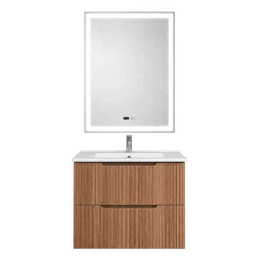 Set mobilier baie suspendat 60 cm Faggio Riflat cu dulap, lavoar ceramic și oglindă LED pentru baie modernă