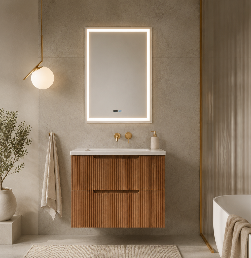Baie modernă cu mobilier suspendat Faggio Riflat, oglindă LED și decor minimalist pentru ambient relaxant