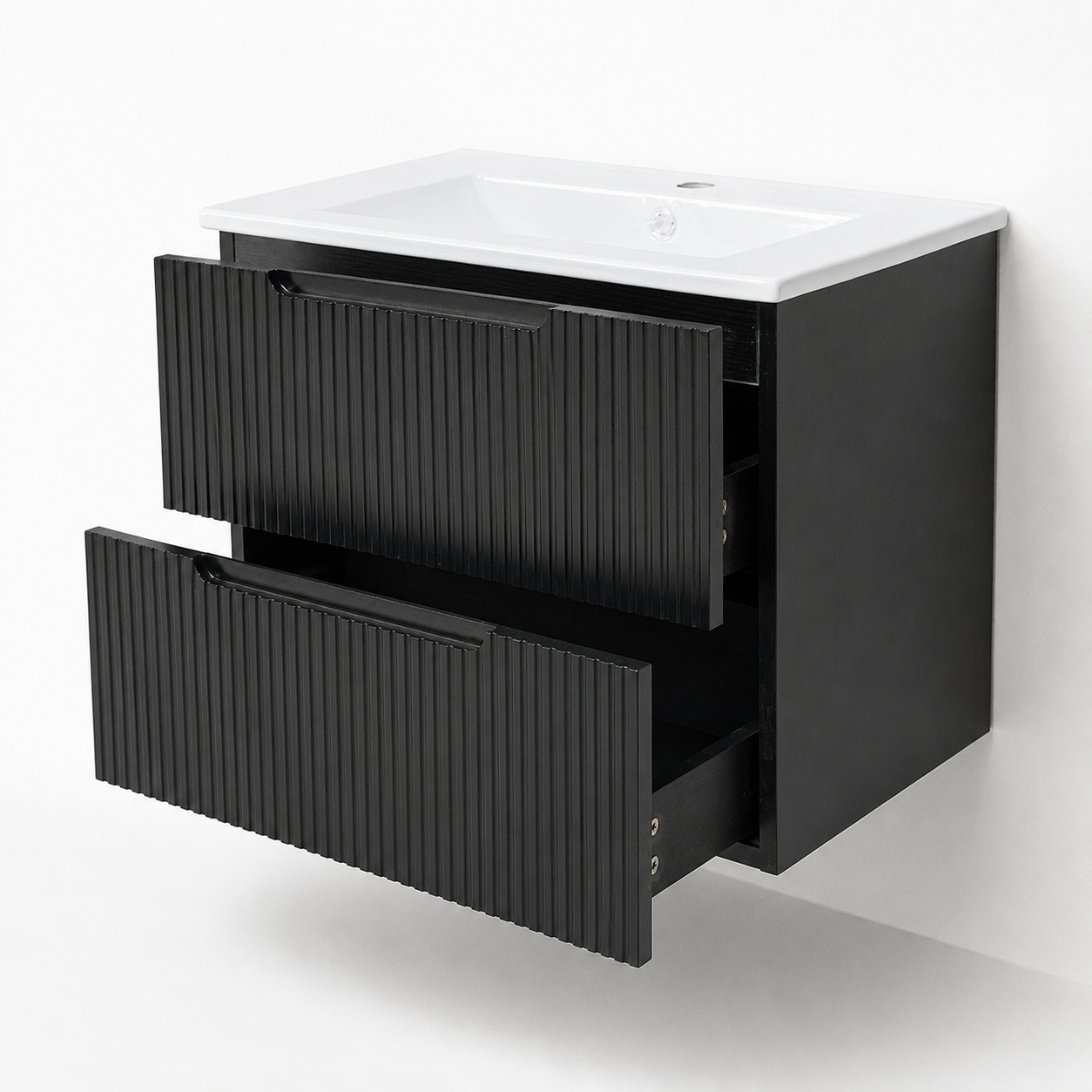 Detaliu mobilier baie Nero cu sertare, MDF, finisaj negru, lavoar ceramic