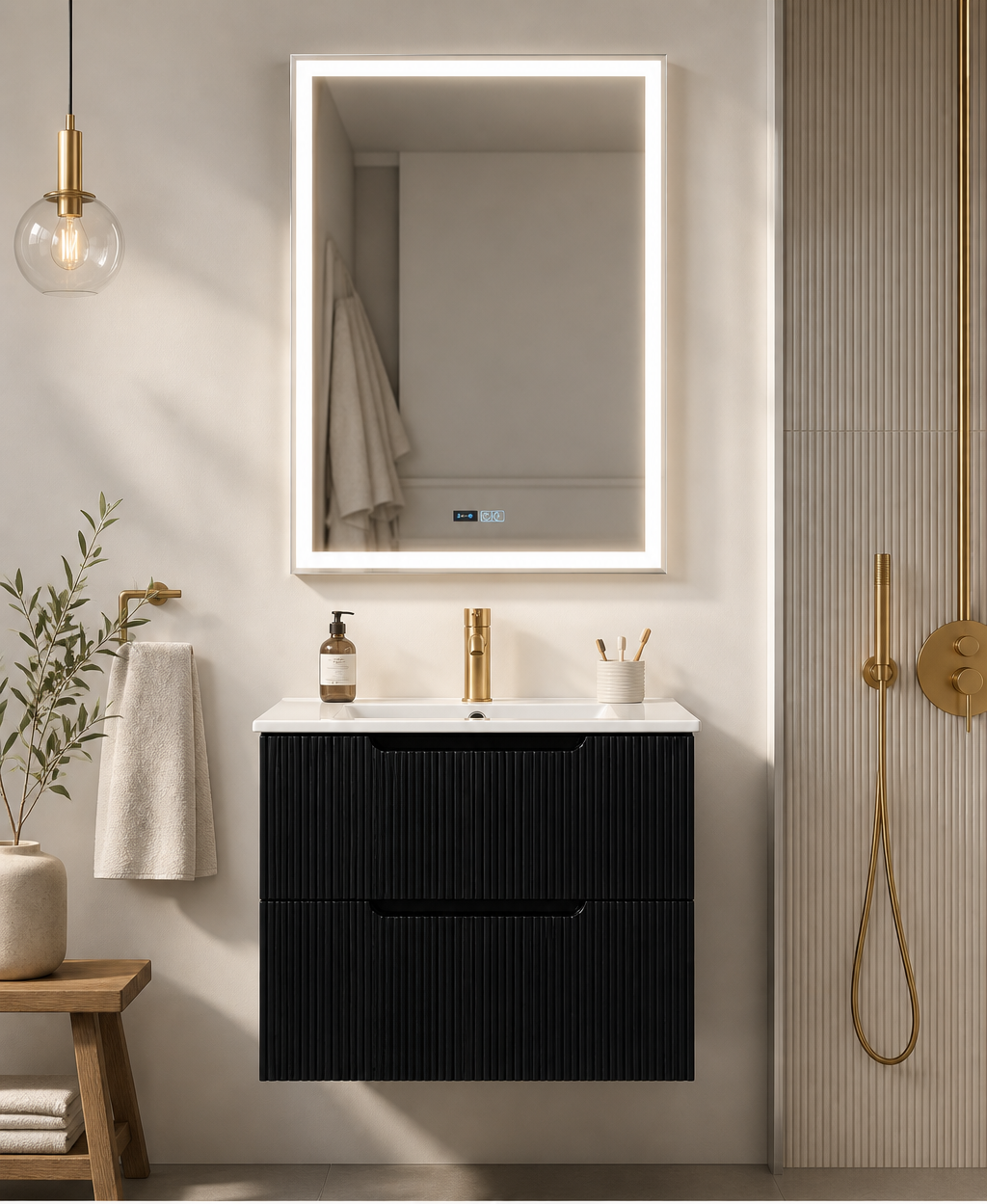 Baie modernă cu mobilier Nero, oglindă iluminată, design minimalist, MDF negru