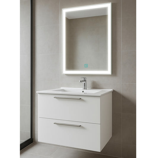 Set Mobilier Baie Suspendat 60 cm – cu Lavoar Ceramic Slim și Oglindă LED cu Dezaburire, MDF total