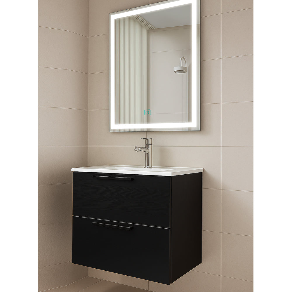 Set Mobilier Baie Suspendat 60 cm – cu Lavoar Ceramic Slim și Oglindă LED cu Dezaburire, MDF total negru