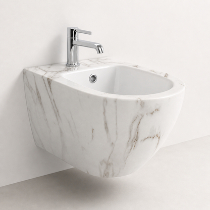 Vas Bideu Suspendat Alb cu Model Marmorat, Ceramică Sanitară, Montaj pe Perete