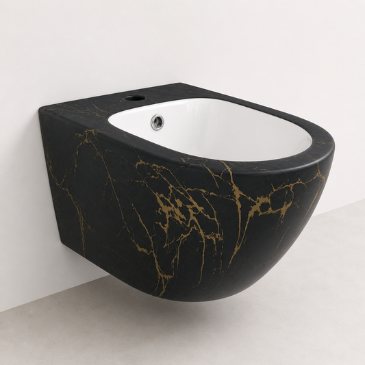 Vas Bideu Suspendat Negru Mat cu Model Marmorat Auriu, Ceramica Sanitara, Montaj pe Perete