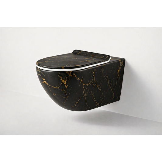 Vas WC suspendat negru cu finisaj marmorat auriu, capac duroplast soft-close