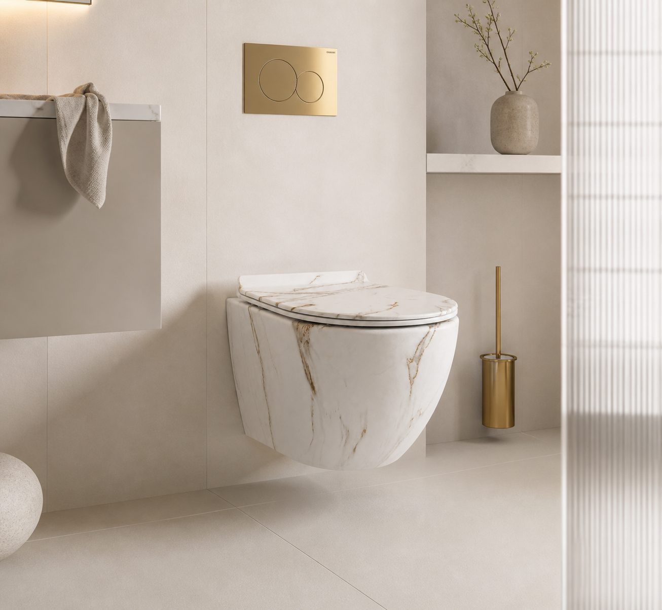 Vas WC suspendat marmorat alb, cu capac soft-close, stil minimalist