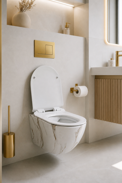 Vas WC suspendat marmorat alb, capac duroplast soft-close