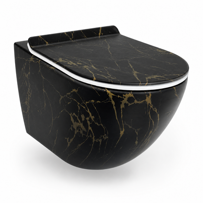 Vas WC suspendat negru cu finisaj marmorat auriu, capac duroplast soft-close