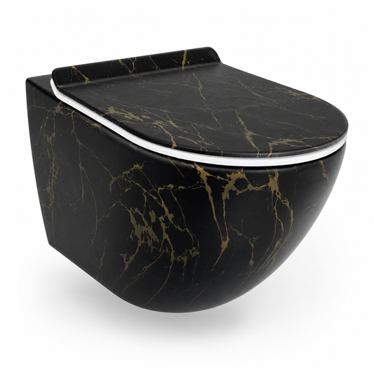 Vas WC suspendat negru cu finisaj marmorat auriu, capac duroplast soft-close