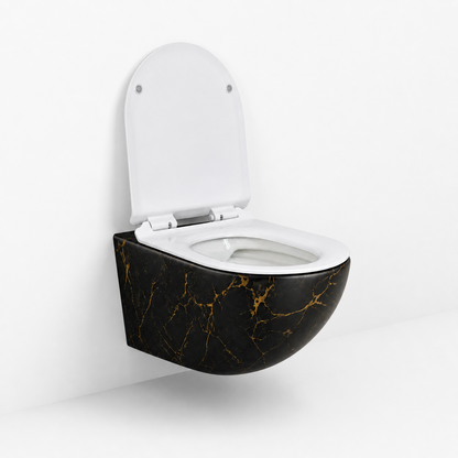 Vas WC suspendat negru cu finisaj marmorat auriu, capac duroplast soft-close
