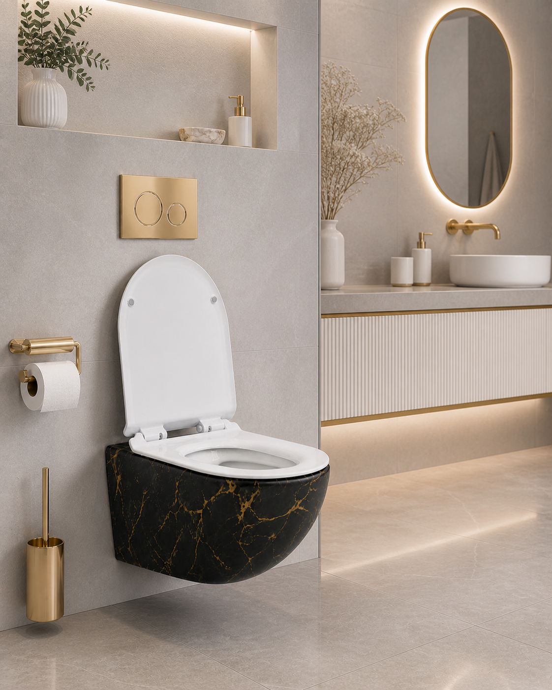 Vas WC suspendat negru cu finisaj marmorat auriu, capac duroplast soft-close