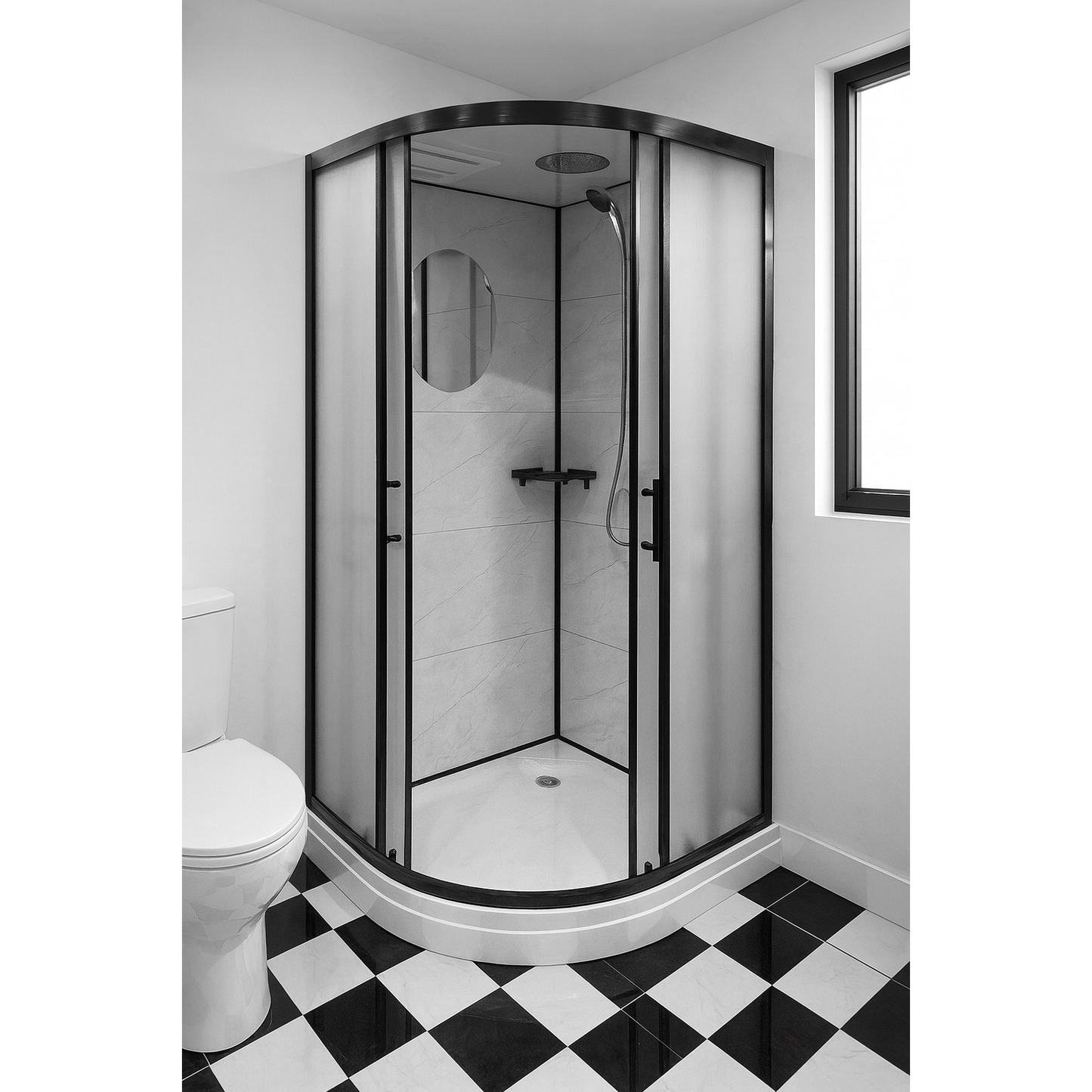 Cabină de duș semirotundă Paris-90, dimensiune 90×90 cm, panouri compozit cu aspect de faianță