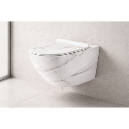 Vas WC suspendat marmorat alb cu capac soft-close, design elegant