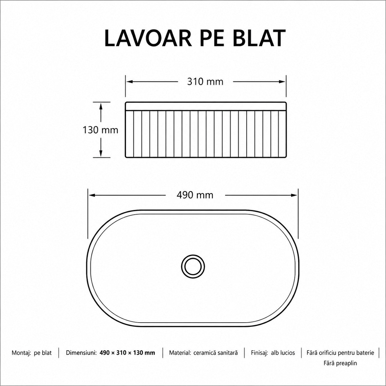 Lavoar pe blat alb riflat, ceramica sanitara, oval, fara orificiu pentru baterie