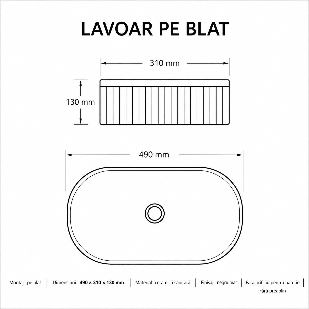 Lavoar pe blat negru mat riflat, ceramica sanitara, oval, fara orificiu pentru baterie