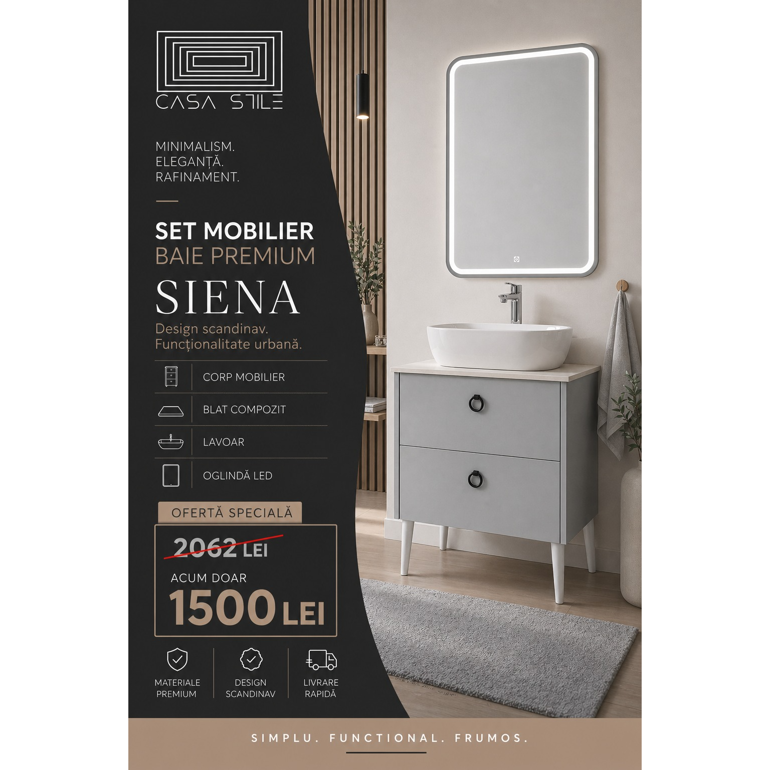 Mobilier Siena BC2451 60 cm, gri prafuit, oglinda cu LED, lavoar ceramic, blat compozit inclus, MDF total