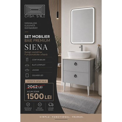 Mobilier Siena BC2451 60 cm, gri prafuit, oglinda cu LED, lavoar ceramic, blat compozit inclus, MDF total