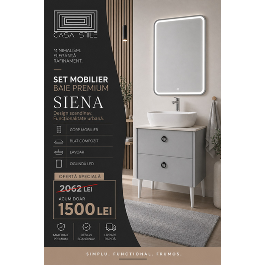 Mobilier Siena BC2451 60 cm, gri prafuit, oglinda cu LED, lavoar ceramic, blat compozit inclus, MDF total