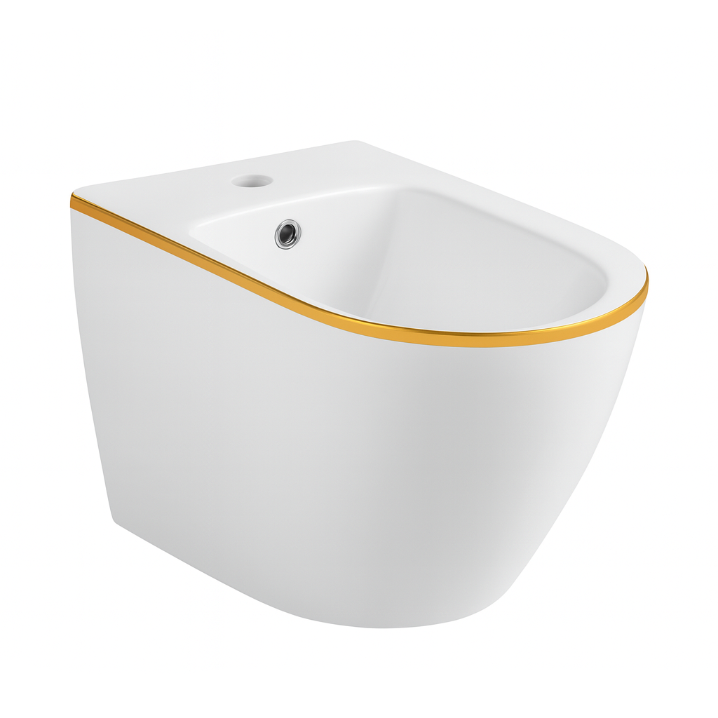 Vas Bideu Suspendat Alb Lucios cu Detaliu Auriu B206WG