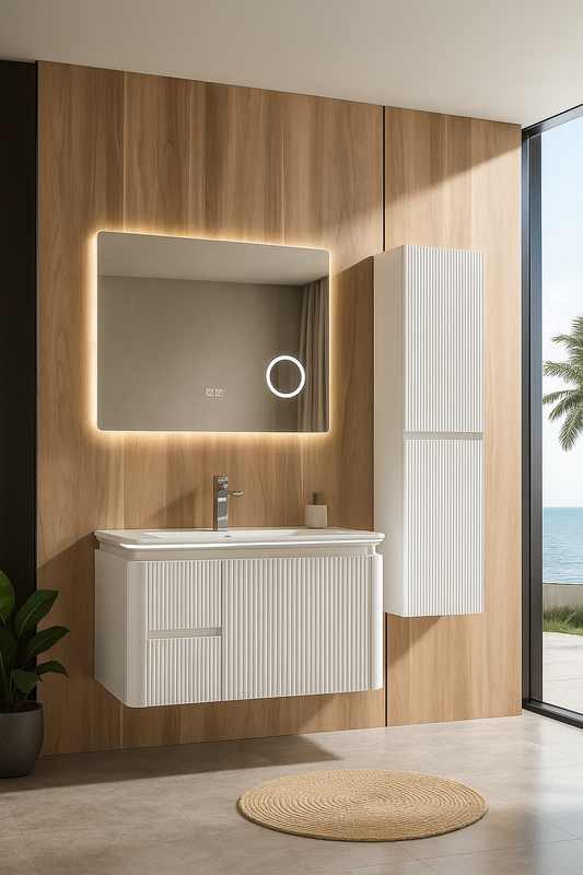 Mobilier Cappadocia 80 cm alb, oglindă 70 sau 80 cm cu LED, dezaburire și lupă, lavoar ceramic, soldat inclus, PVC total