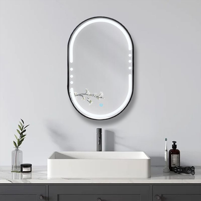 Oglinda LED 608, 60x80 cm, rama aluminiu neagra si iluminare perimetrala, ovala