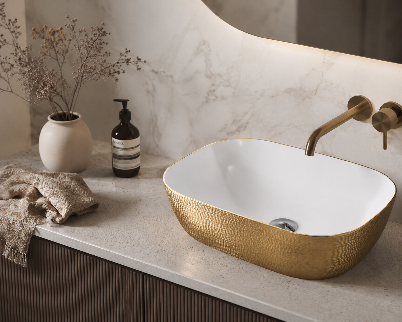 Lavoar baie pe blat 8217PG ceramica premium alb-auriu