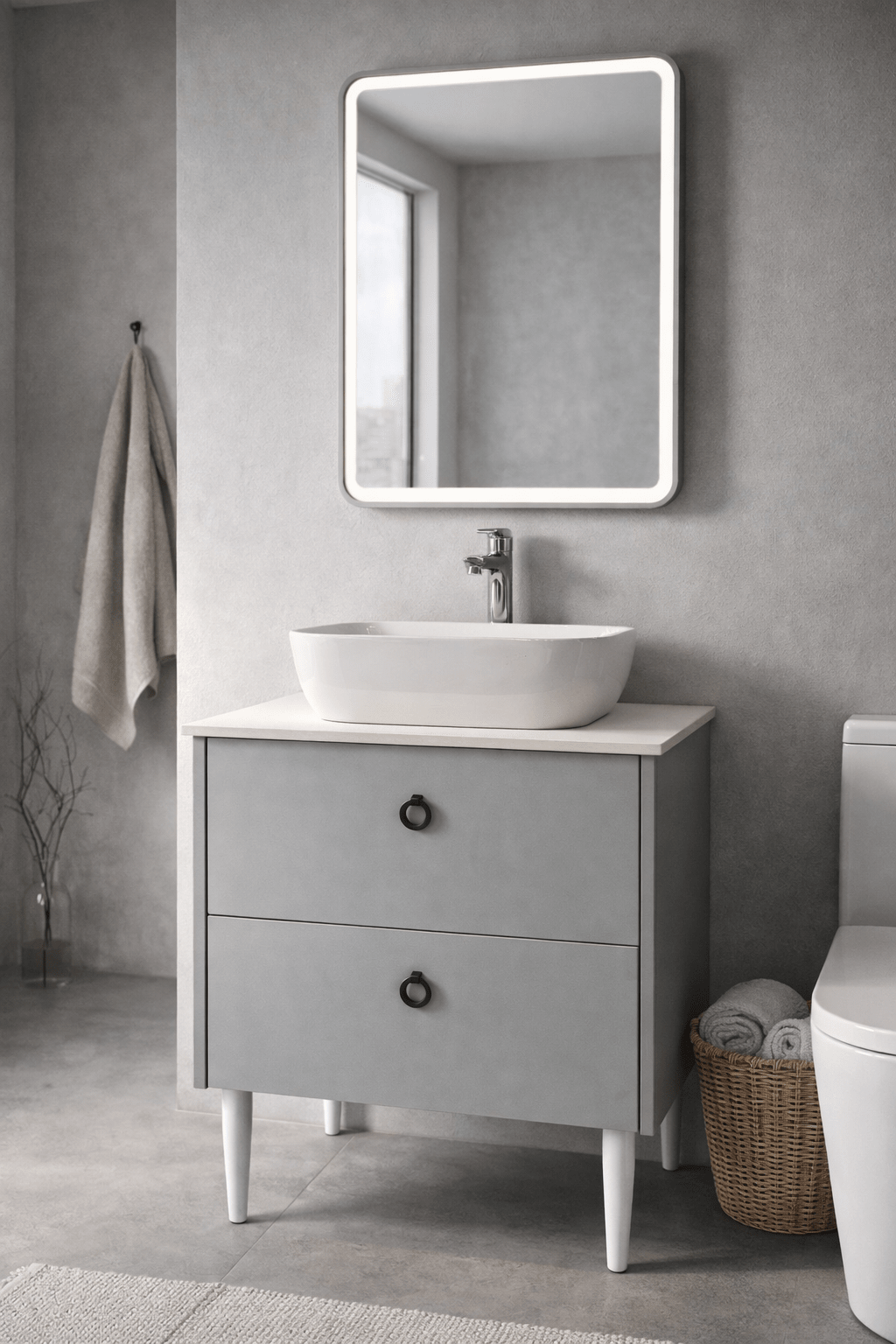 Mobilier Siena BC2451 60 cm, gri prafuit, oglinda cu LED, lavoar ceramic, blat compozit inclus, MDF total - Casa Stile