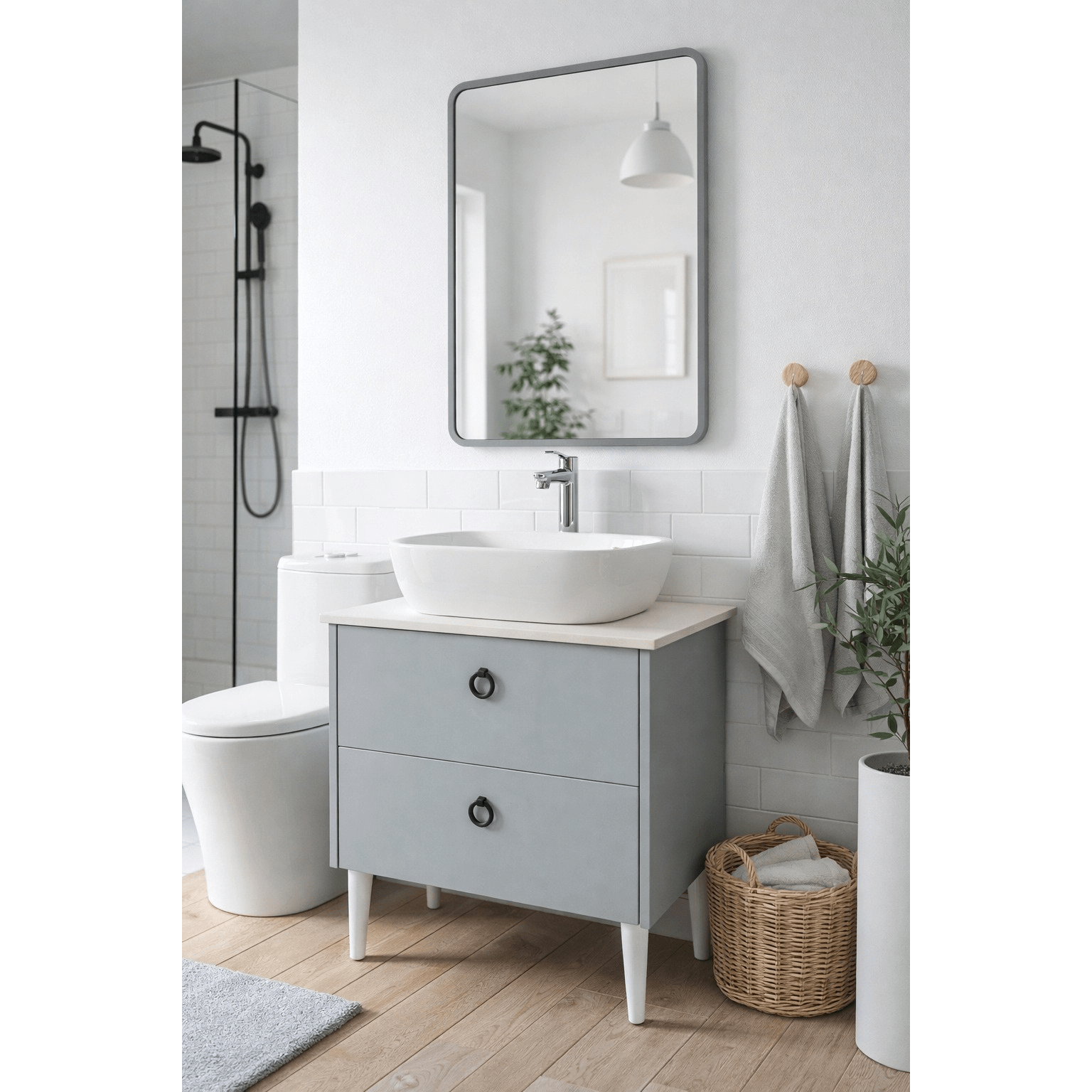 Mobilier Siena BC2451 60 cm, gri prafuit, oglinda cu LED, lavoar ceramic, blat compozit inclus, MDF total - Casa Stile