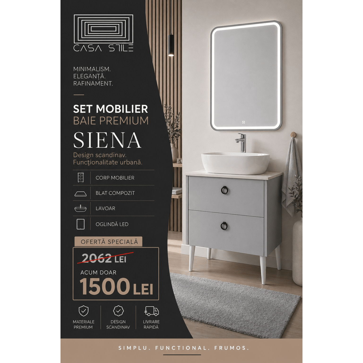 Mobilier Siena BC2451 60 cm, gri prafuit, oglinda cu LED, lavoar ceramic, blat compozit inclus, MDF total - Casa Stile