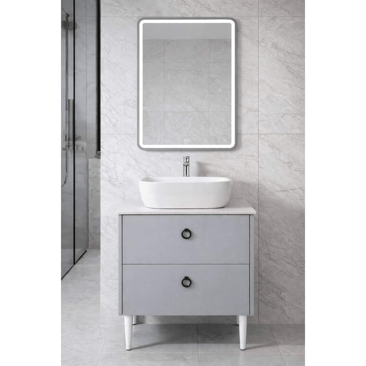 Mobilier Siena BC2451 60 cm, gri prafuit, oglinda cu LED, lavoar ceramic, blat compozit inclus, MDF total - Casa Stile