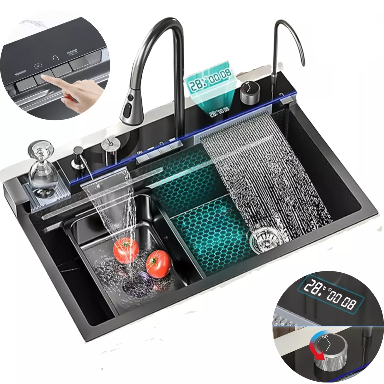 Chiuveta bucatarie inox handmade multifunctionala, cu panou digital si baterie extensibila, model cu doua cuve.