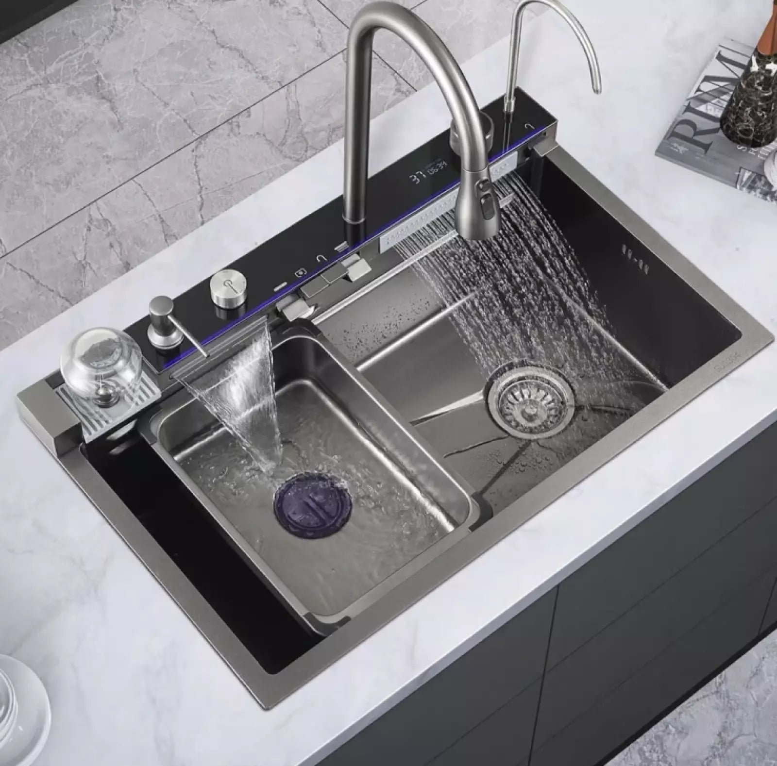 Chiuveta bucatarie inox handmade multifunctionala, dubla, cu panou digital si baterie extensibila, 750x460mm.