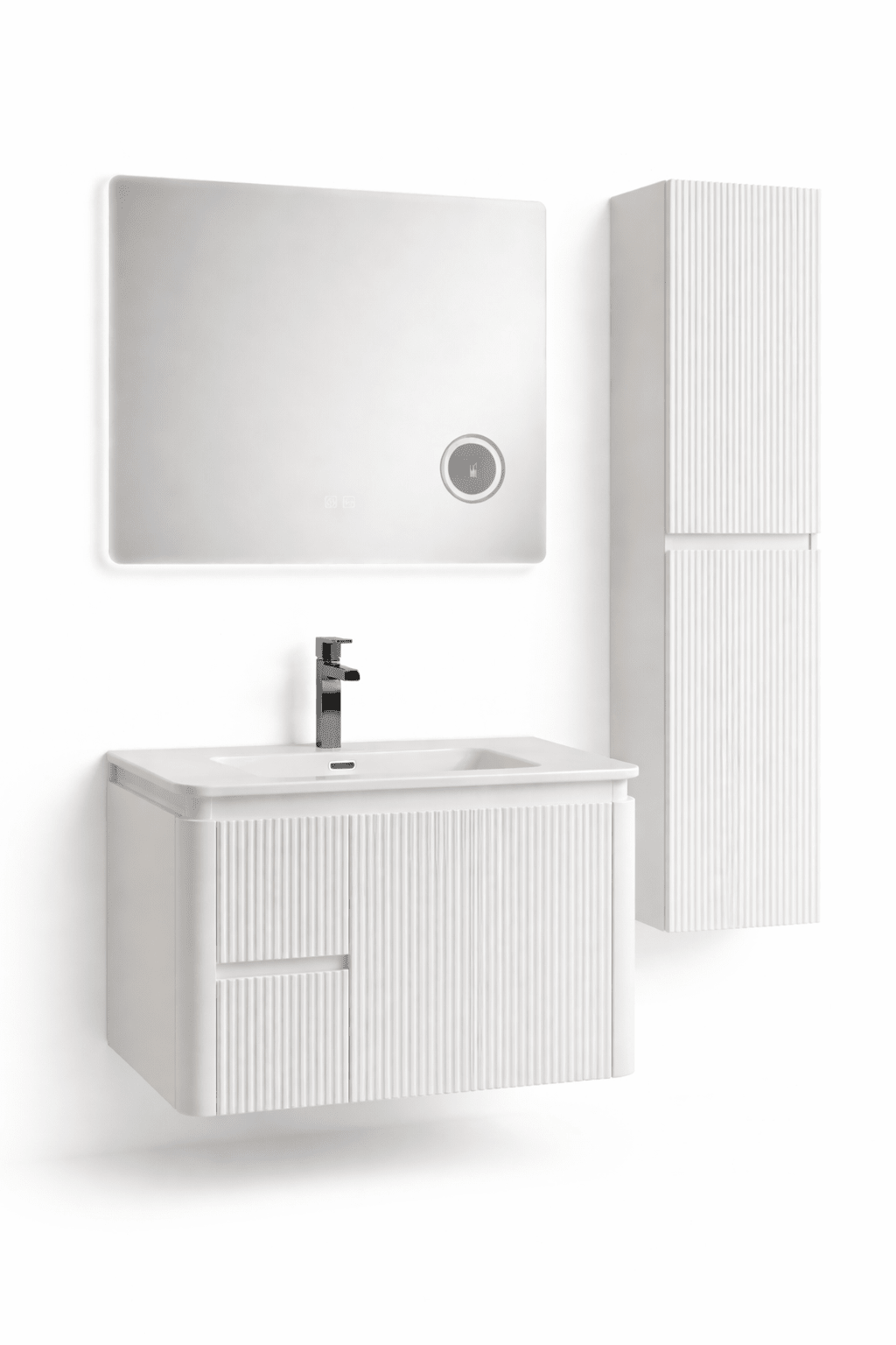 Set Mobilier Baie CAPPADOCIA Riflat 80 cm alb, oglinda 70 sau 80 cm cu LED, dezaburire si lupa, lavoar ceramic, soldat inclus. - Casa Stile