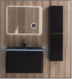 Set Mobilier Baie Cappadocia Riflat 80 cm negru mat, oglinda 70 sau 80 cm cu LED, dezaburire si lupa, lavoar ceramic, soldat inclus. - Casa Stile