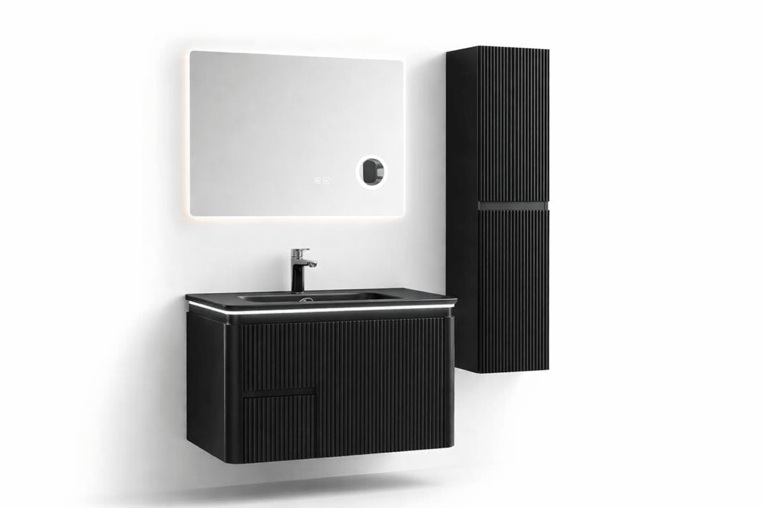 Set Mobilier Baie Cappadocia Riflat 80 cm negru mat, oglinda 70 sau 80 cm cu LED, dezaburire si lupa, lavoar ceramic, soldat inclus. - Casa Stile