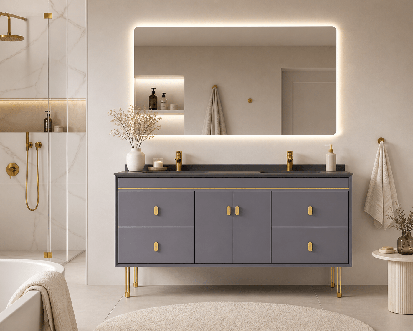 Set Mobilier baie NOBLE 150 cm, MDF, blat ceramic, oglinda LED, sistem soft-close - Casa Stile