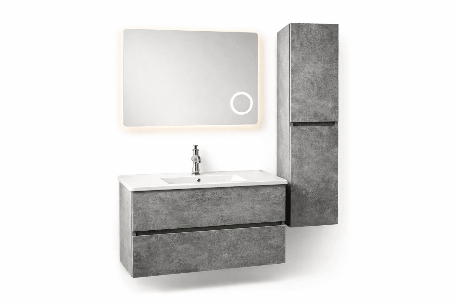 Set Mobilier Baie Stone 80 cm oglinda cu LED, dezaburire si lupa, lavoar ceramic, soldat inclus, MDF total - Casa Stile