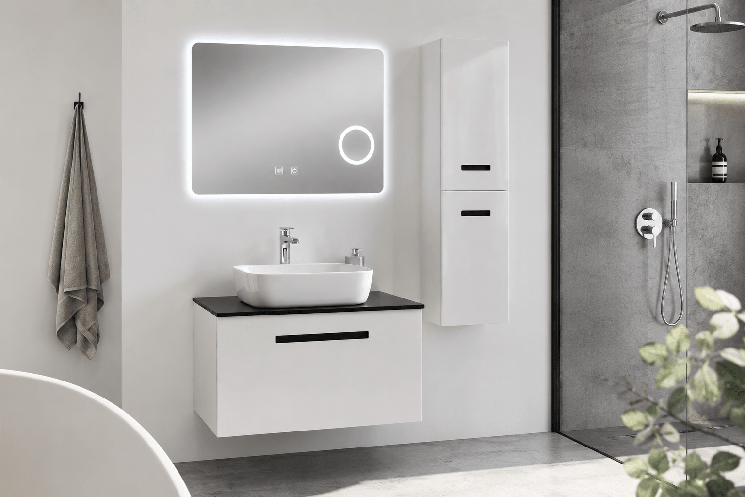Set Mobilier Baie Troia 80 cm oglinda cu LED, dezaburire si lupa, lavoar ceramic, blat compozit, soldat inclus, MDF total (WB-BC202) - Casa Stile