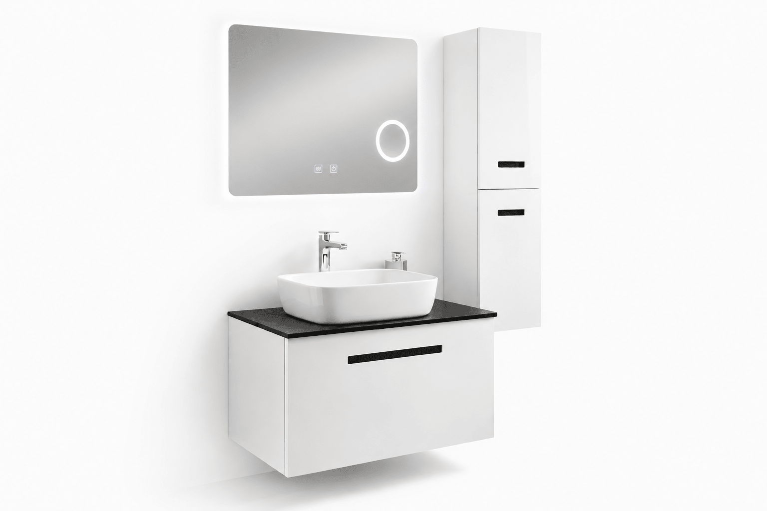 Set Mobilier Baie Troia 80 cm oglinda cu LED, dezaburire si lupa, lavoar ceramic, blat compozit, soldat inclus, MDF total (WB-BC202) - Casa Stile