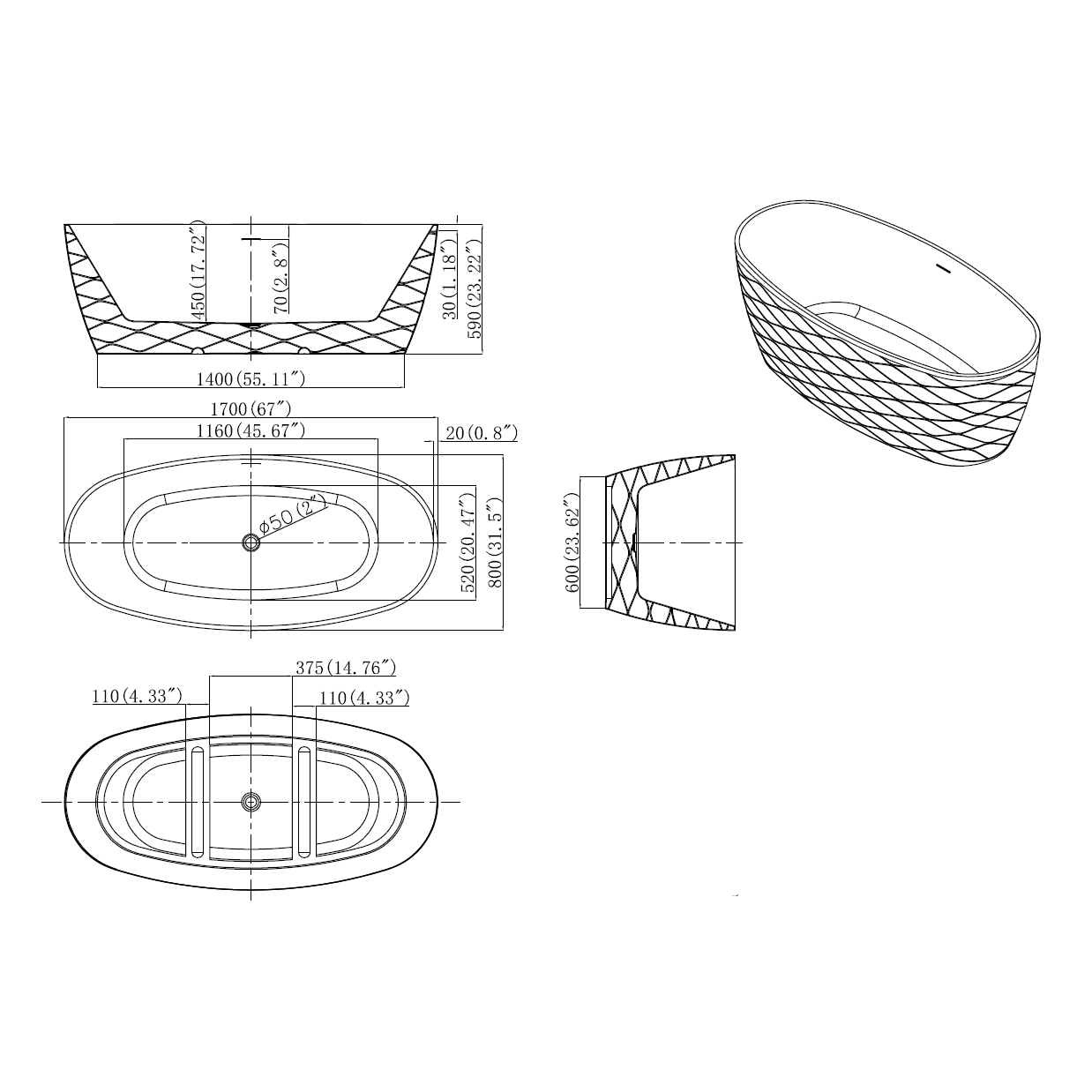 Cadă baie freestanding Toscana Gri