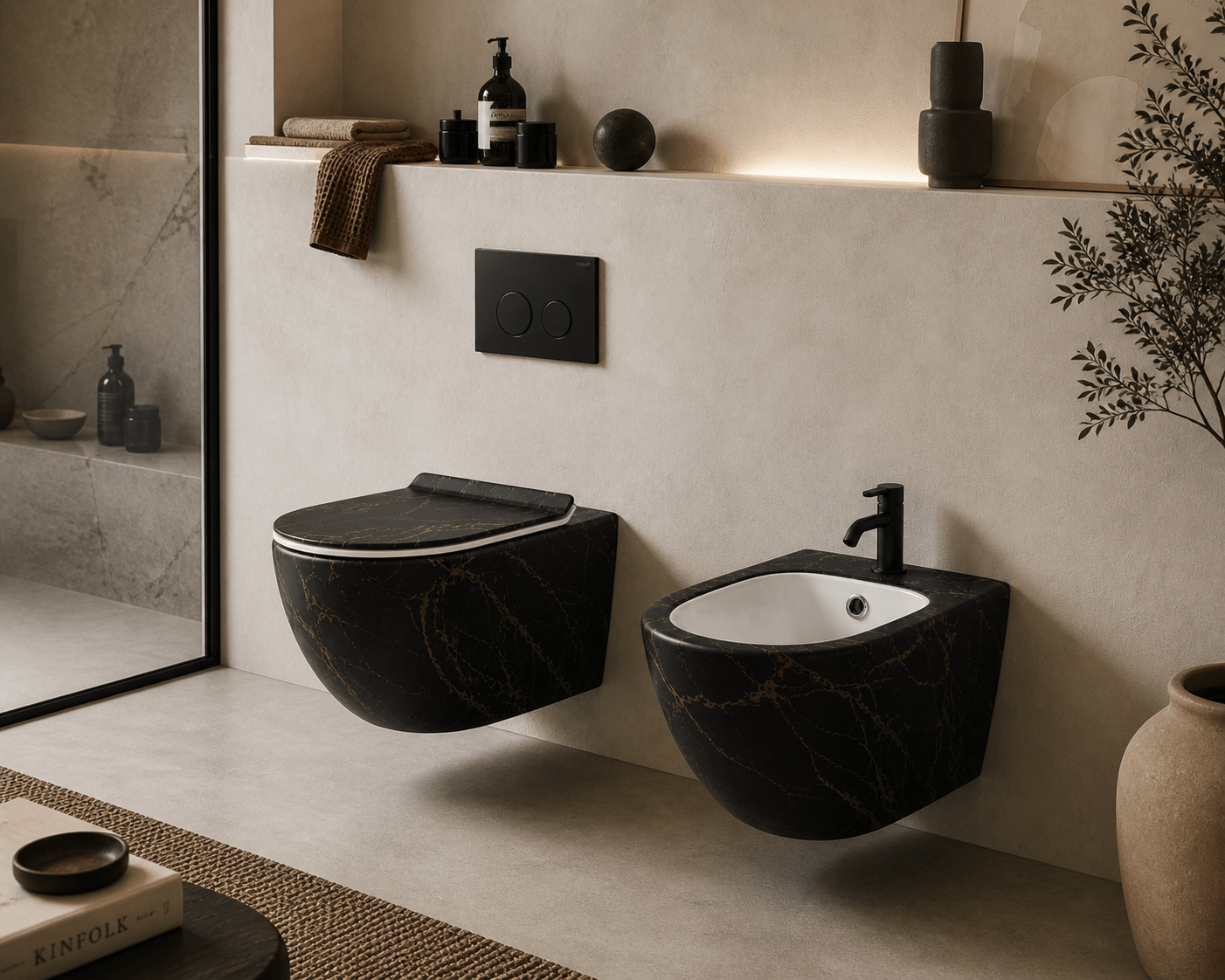 Vas Bideu Suspendat Negru Mat cu Model Marmorat Auriu, Ceramica Sanitara, Montaj pe Perete - Casa Stile
