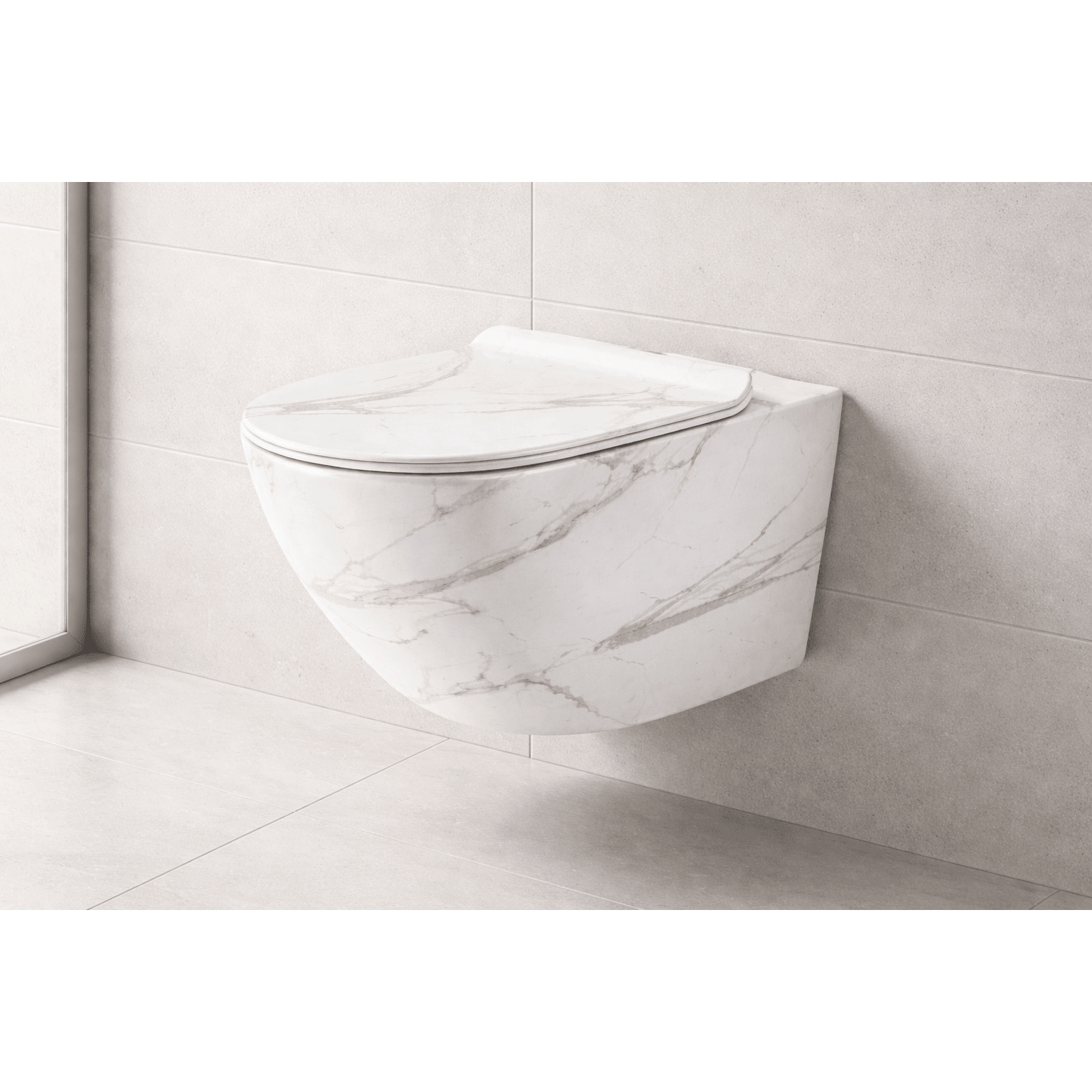 Vas WC suspendat marmorat alb, capac duroplast soft-close - Casa Stile
