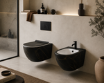 Vas WC suspendat negru cu finisaj marmorat auriu, capac duroplast soft-close